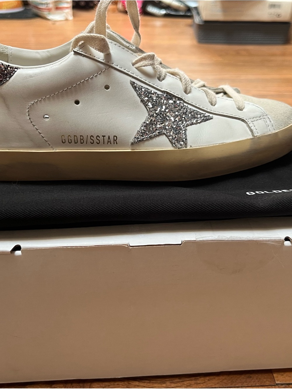 Golden Goose White Leather Sneaker with Silver Glitter Star
